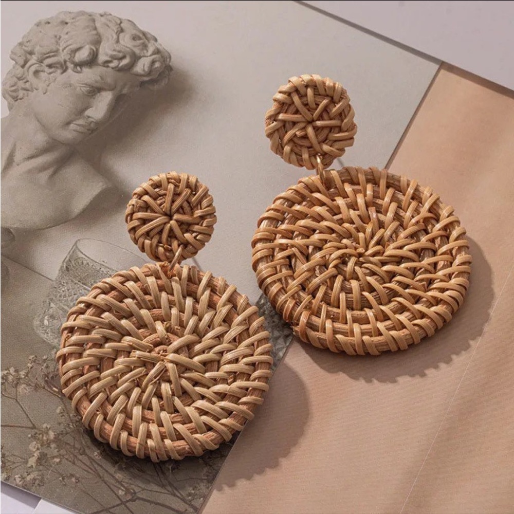 Handmade Rattan Double Disc Drop Earrings Boho Rattan Dangle Statement - Picture 3 of 5